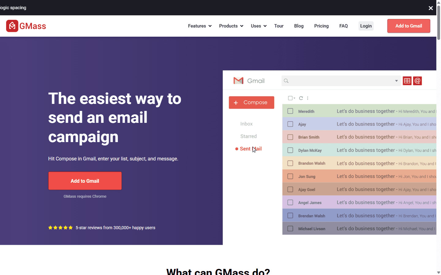 GMass homepage as a Gmail-native mail merge and cold email Chrome extension