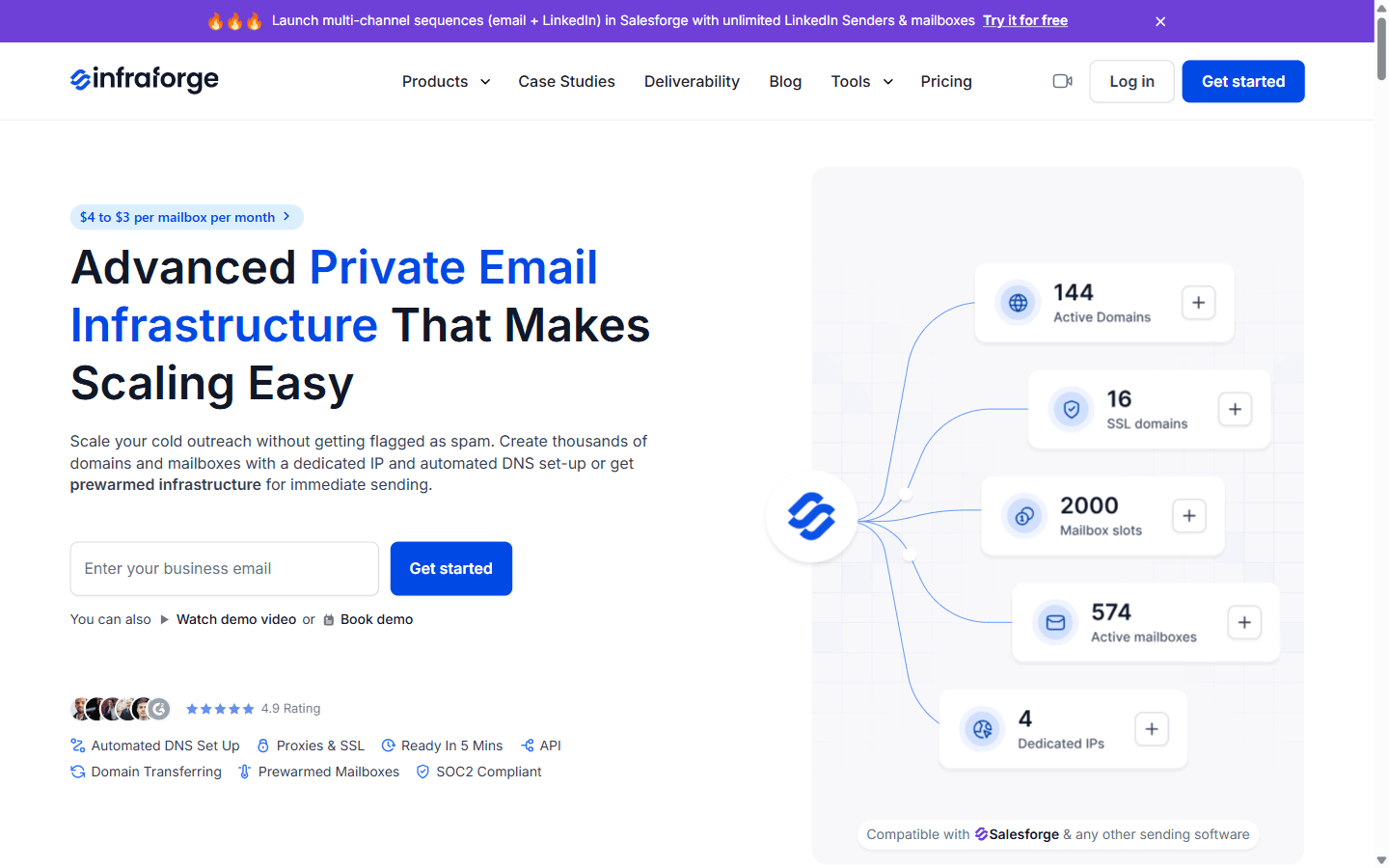 InfraForge homepage showing private cold email infrastructure and dedicated IP options