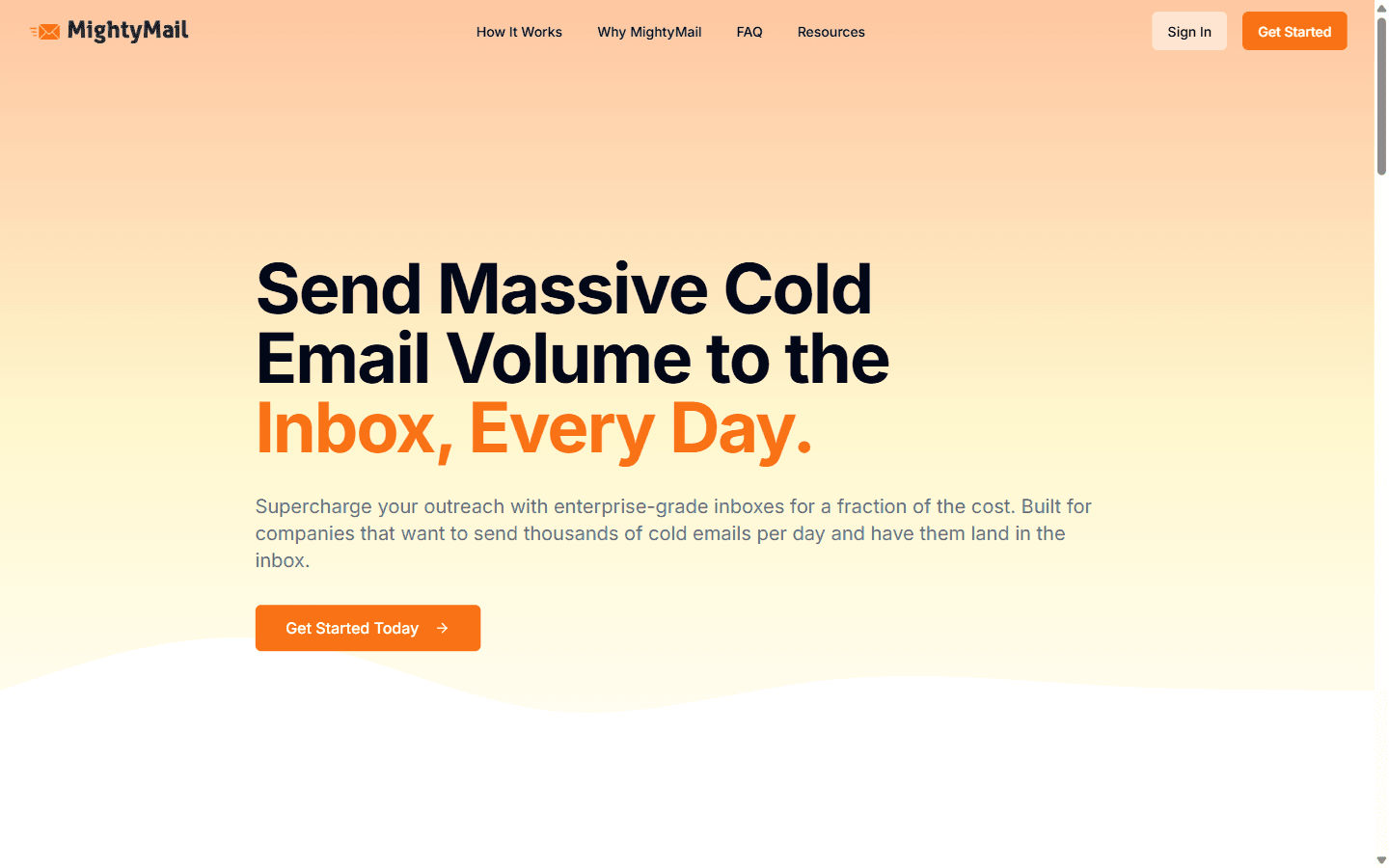 MightyMail homepage advertising enterprise-grade Microsoft Azure Outlook inboxes for high-volume cold email
