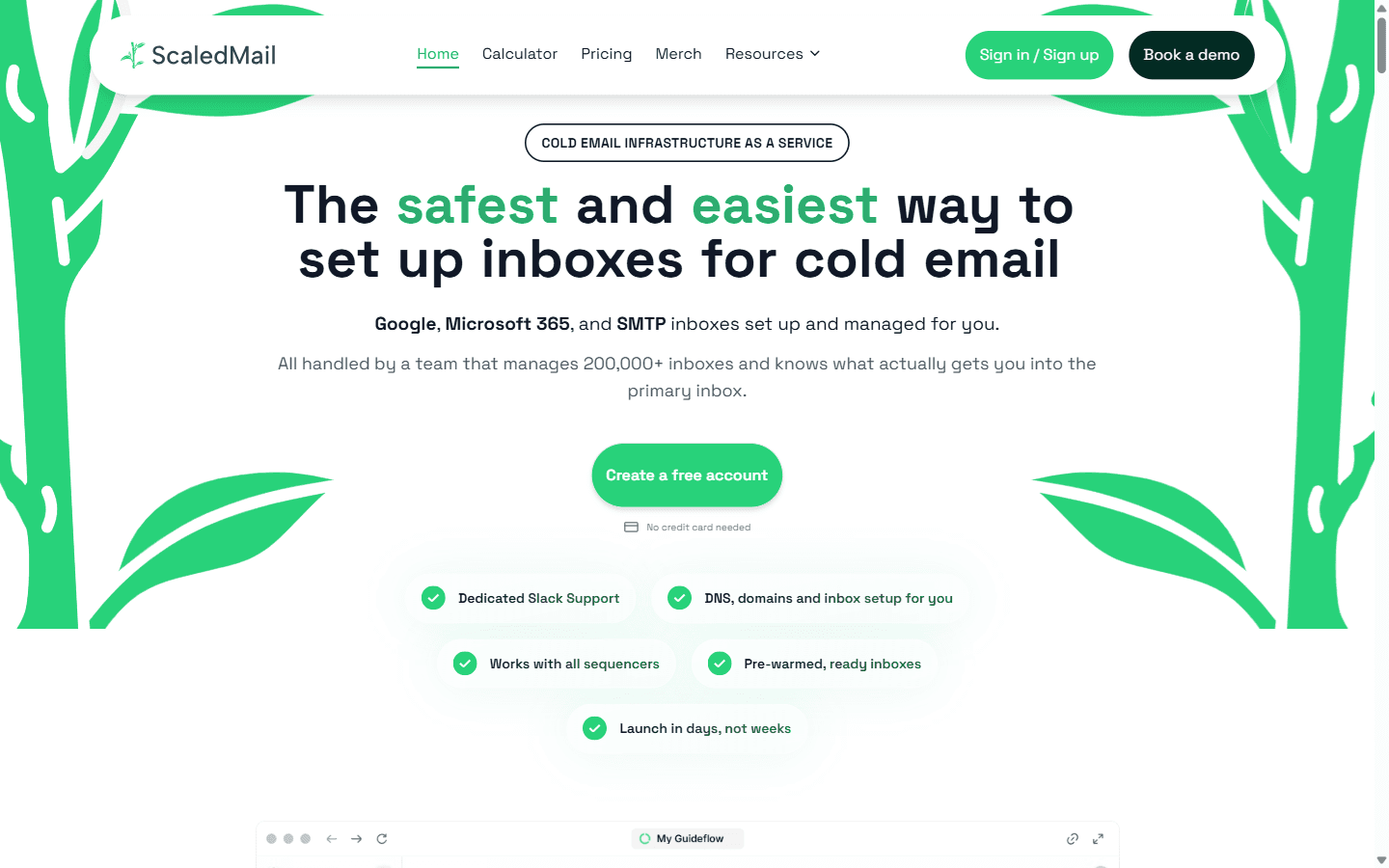 ScaledMail homepage showing fully managed pre-warmed cold email mailboxes