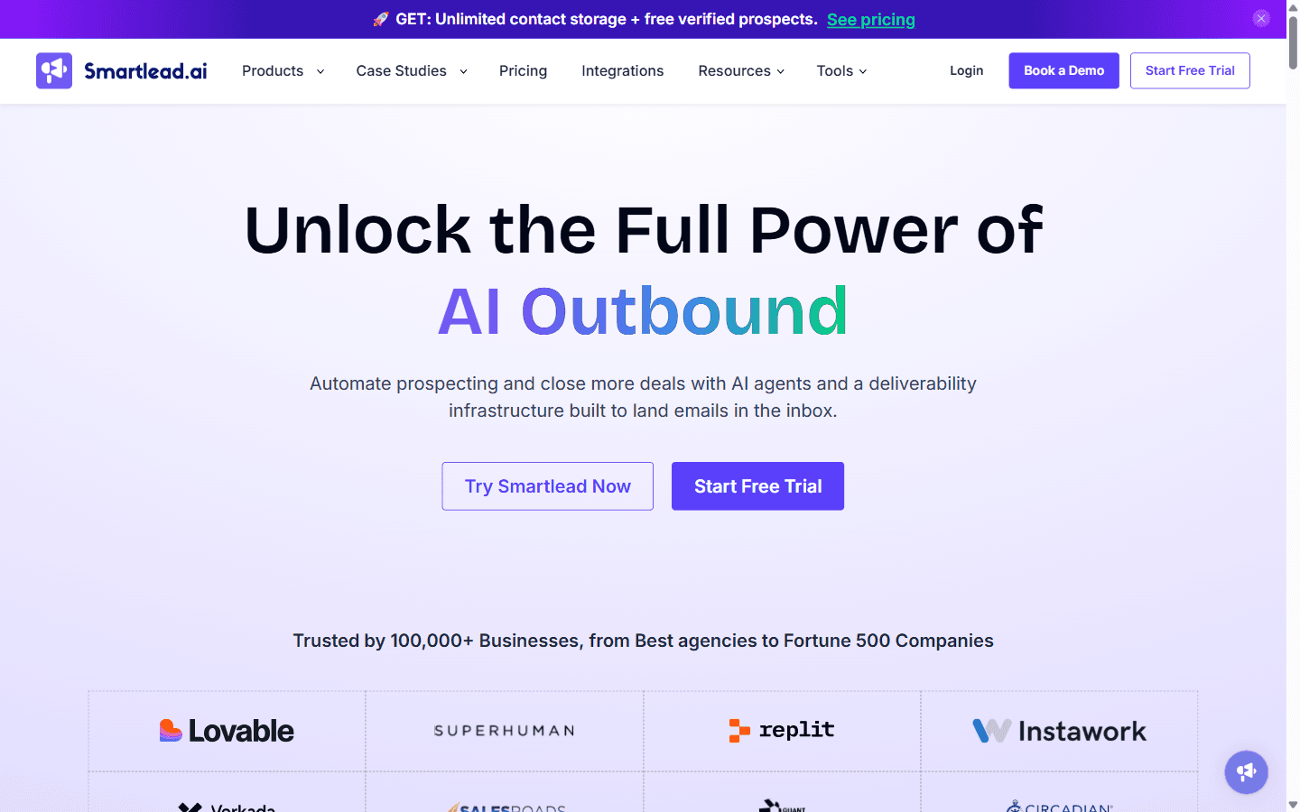 Smartlead homepage showing the cold email sequencer and SmartSenders mailbox checkout
