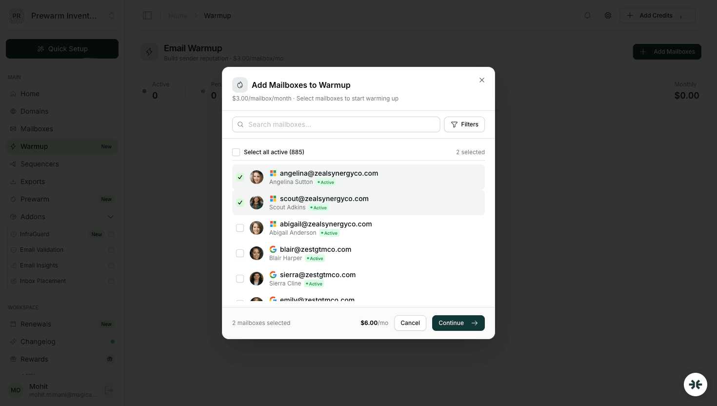 InboxKit warmup mailbox selection modal
